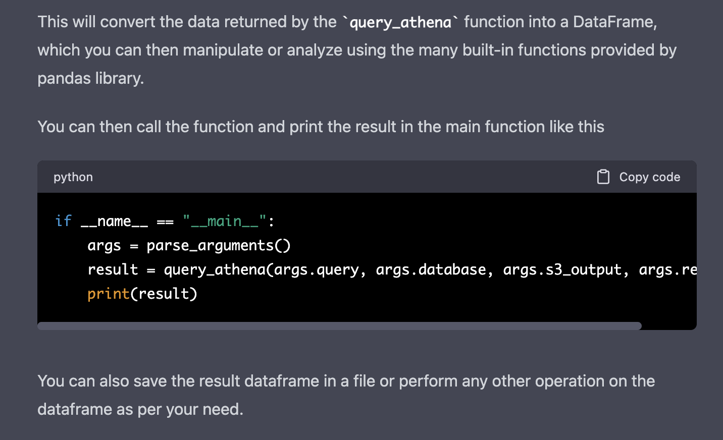 ChatGPT > Convert the query result in query_athena into a dataframe instead of a dictionary. (main function)