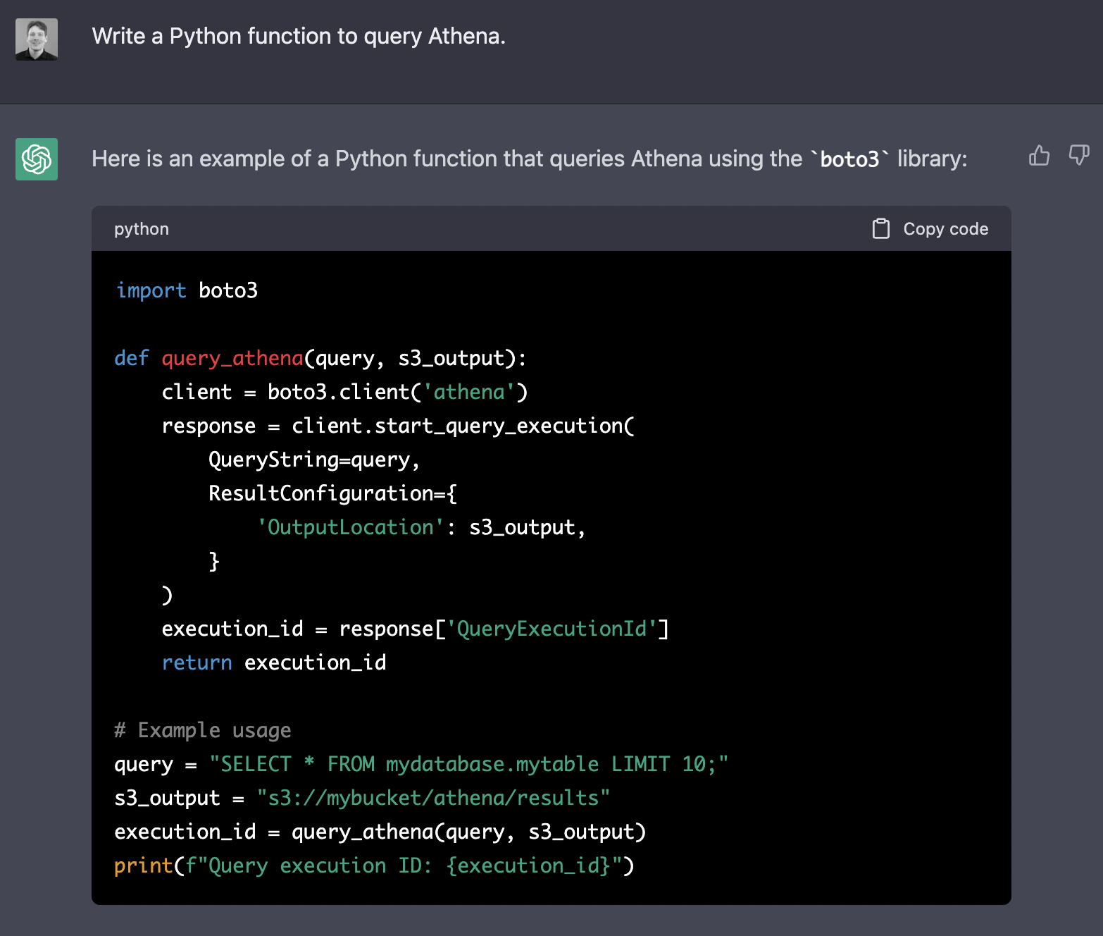 ChatGPT > Write a Python function to query Athena.