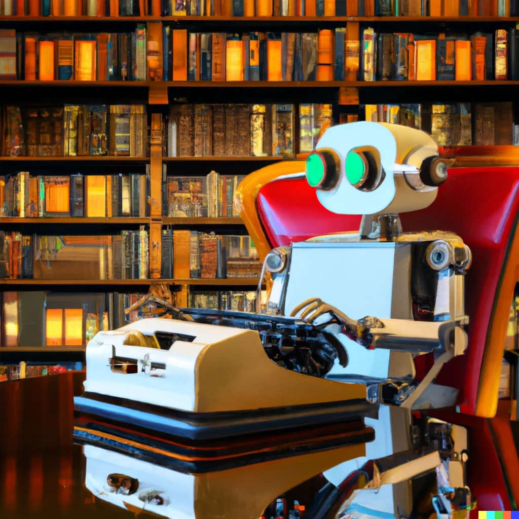 A robot at a typewriter in a library